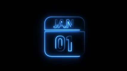 Glowing neon 01 january icon .a neon sign with a calendar that says "01 DAYS". HD Video motion graphic animation isolated on transparent background.