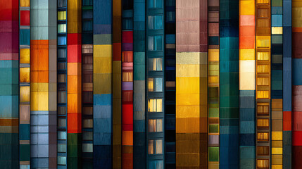 Abstract composition of vertical color blocks in vibrant hues, showcasing a spectrum of shades and textures