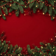 Festive christmas background with lush green pine branches, red berries, warm glowing fairy lights, and a rich red textured backdrop, capturing holiday cheer and seasonal warmth
