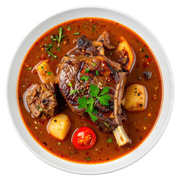 Selective focus on horsemeat in lagman isolated on a white background, highlighting the distinctive color and texture of the meat