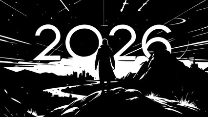 Futuristic Silhouette on Cliff Gazing at Glowing Horizon with 2026 &ndash; Visionary Inspirational Concept Art