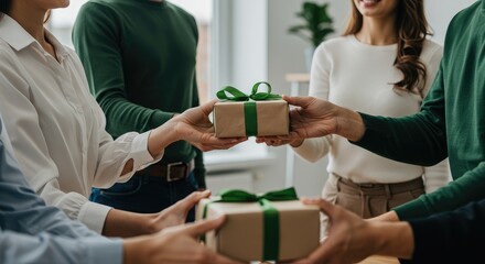 A group of people exchanging a gift.  Hands are carefully reaching toward a center point