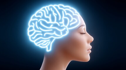 Obraz premium Digital illustration of a human head profile with a glowing blue neon brain. Perfect for psychology blogs, neuroscience websites, and articles on AI, mental health, and cognitive function.