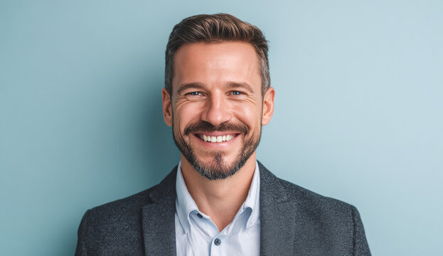 Professional smiling man with beard in business attire against blue background.