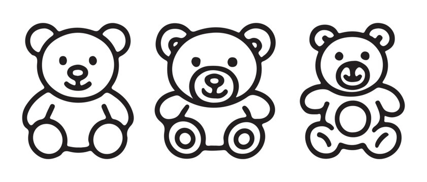 Set of Cute Teddy Bear Icons, Simple Line Art, Vector Graphics.