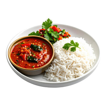 Shito, a fiery ghanaian black pepper sauce served with plain rice, professionally photographed and isolated on a white background