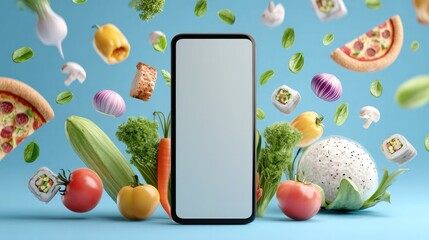 Smartphone mockup with blank screen surrounded by flying fresh vegetables, pizza slices, sushi and healthy food on blue background. Concept of food delivery app, online ordering, menu and nutrition