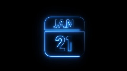 Glowing neon 21 january icon .a neon sign with a calendar that says "21 DAYS". HD Video motion graphic animation isolated on transparent background.