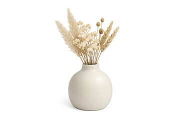 Minimalist Dried Flower Bouquet in Cream Ceramic Vase on White Background