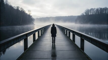 Fototapeta premium Deeply Upset A lone figure walks down a misty pier surrounded by calm water and trees.