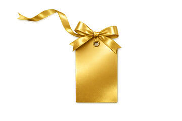 Golden Gift Tag with Ribbon Bow Isolated on White Background