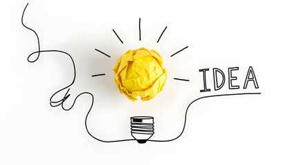 a crumpled yellow paper shaped like a lightbulb with radiating lines and the word idea written beside it high quality professional detailed modern elegant stylish clean