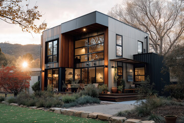 Contemporary Two Story Eco Friendly Modular House With Large Glass Windows At Sunset