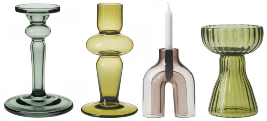 Various glass candlesticks and candle holder various shapes isolated on a transparent background