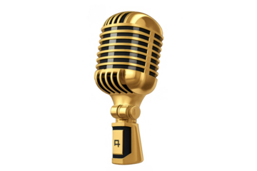 Golden vintage microphone isolated on transparent background, symbolizing music, performance, broadcasting, and audio recording
