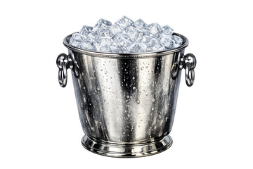Silver Ice Bucket Filled with Cubes of Ice on White Background