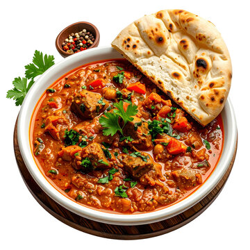 Traditional sudanese meal of kisra bread and a flavorful meat or vegetable stew, perfectly isolated on a white background