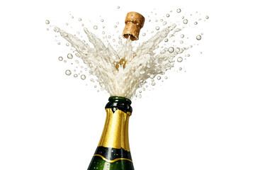 Sparkling Champagne Spraying from Bottle with Popping Cork on White