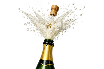 Sparkling Champagne Spraying from Bottle with Popping Cork on White