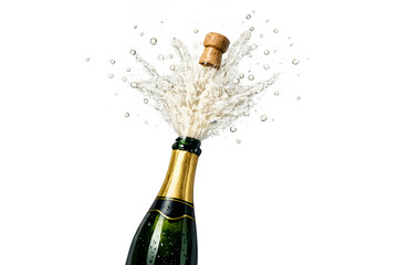 Champagne Bottle Popping with Cork and Splash on White