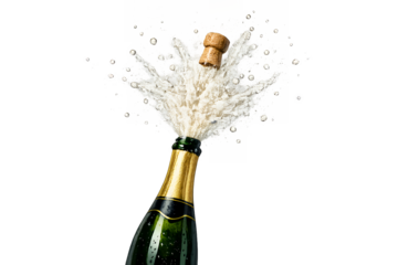 Champagne Bottle Popping with Cork and Splash on White