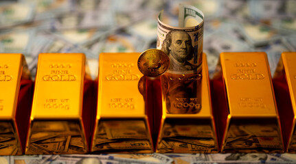 Bitcoin money and gold. Crypto investment with dollars, bitcoin, btc, and gold bars. Saving and earning cryptocurrency and financial trade. Digital wallet with bitcoin and cash. Virtual money concept.