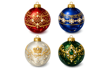 Luxury Christmas Ornaments Set: Red, Blue, Green, Silver Baubles with Gold Filigree and Gems