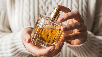 a close up shot showcases a person delicately spraying a luxurious golden perfume from a transparent glass bottle highlighting elegance and fragrant indulgence high quality professional