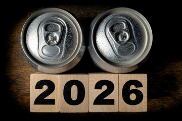 Obraz premium Two cold, metallic beverage cans, covered with glistening condensation, are prominently displayed above a set of wooden blocks spelling out the year 2026. The dark background accentuates the cool, ref