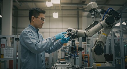 A human technician interacts with a robotic arm in a modern factory setting.  A man in light-blue scrubs, wearing glasses and blue gloves, is shown working near a large industrial robot arm