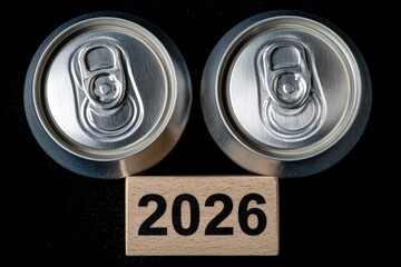 A high-angle, close-up shot captures two generic, unbranded metallic beverage cans positioned strategically above a light-colored wooden block clearly displaying the numbers "2026". The gleaming, text