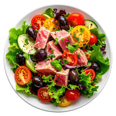 Salade ni&ccedil;oise with tuna, a classic provencal salad with eggs, olives, and green beans, isolated on white background

