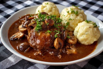 Comforting braised meat in a rich, savory mushroom gravy, generously garnished with fresh herbs, served alongside fluffy dumplings. This delicious, hearty meal is presented on a white plate atop a cla