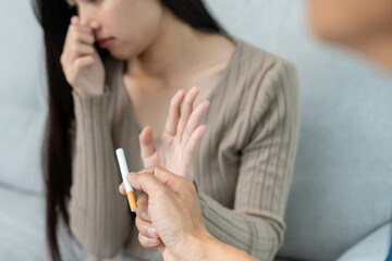 No smoking. Woman stop smoke, refuse, reject, break take cigarette, say no. quit smoking for health. world tobacco day. drugs, Lung Cancer, emphysema , Pulmonary disease, narcotic, nicotine effect