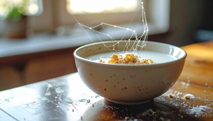 Half eaten bowl of cereal left out for weeks shows signs of decay with visible spider web