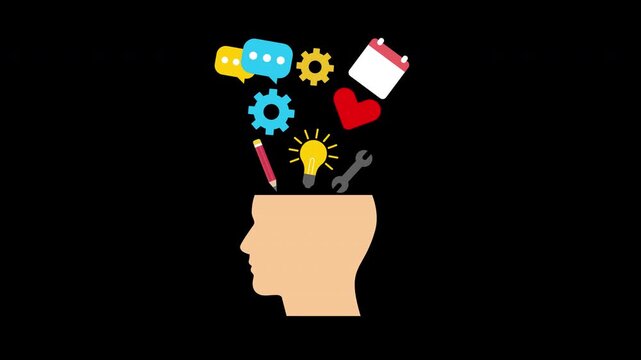 Brainstorming concept animation with creative icons popping out of open head silhouette
