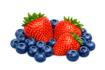 Fresh Strawberries and Blueberries Pile Isolated on White