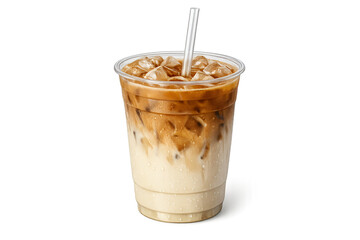 Refreshing Iced Latte with Cream Swirl in Plastic To-Go Cup on White Background