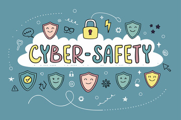 Vibrant cyber safety logo for kids with shields and locks, promoting online protection and security awareness