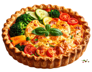 Vegetable quiche with broccoli, tomato, and zucchini toppings on white background