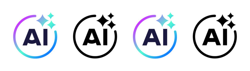 Artificial intelligence AI logo icon collection. Sparkles and a digital circular frame for machine learning and smart technology. Vector illustration transparent PNG
