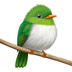 Watercolor Fluffy green and white bird on branch isolated on a transparent background