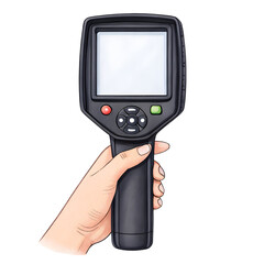 Watercolor Hand holding a black thermal imager isolated on a transparent background