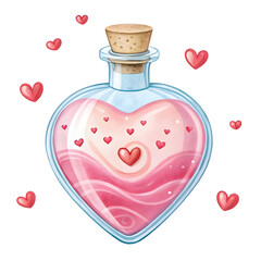 Watercolor Heart shaped potion bottle with pink liquid isolated on a transparent background