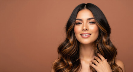 Naklejka premium Beautiful hispanic with great hair on flat tan backgroud, hair care advertisement template