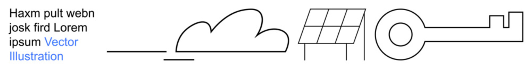 Data storage, renewable energy, cybersecurity, cloud computing, green technology, key concepts. Outlined cloud, solar panel and key. s data storage and renewable energy ideas