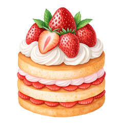 Watercolor Strawberry Cake with Cream isolated on a transparent background