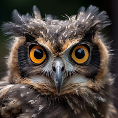 Fototapeta premium Intense close-up of an owl with bright orange eyes, capturing its captivating and watchful gaze amidst detailed brown and black feathers.