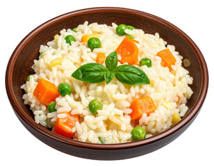 Rice dish with carrots, peas, and basil in a rustic brown bowl on white