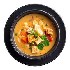 Hearty sopa da pedra from portugal, a substantial soup with sausages and beans, isolated on white background